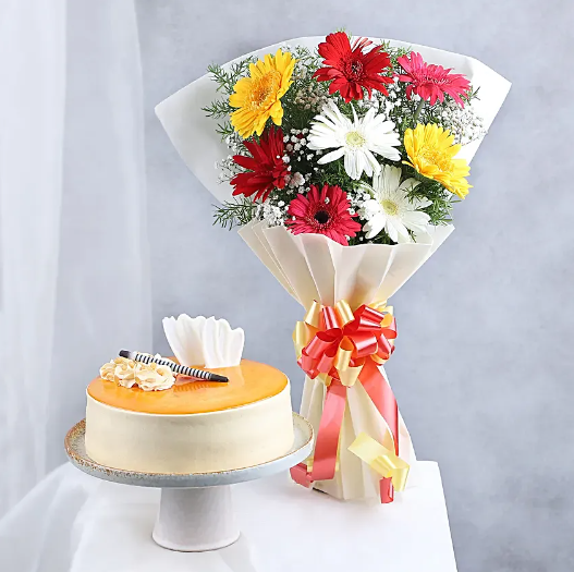 Colourful Gerberas & Butterscotch Cake Combo