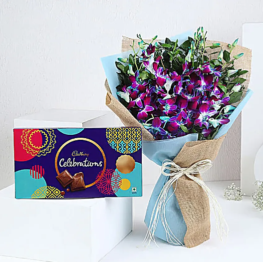 Heartfelt Feelings Orchids Bouquet With Celebrations Box