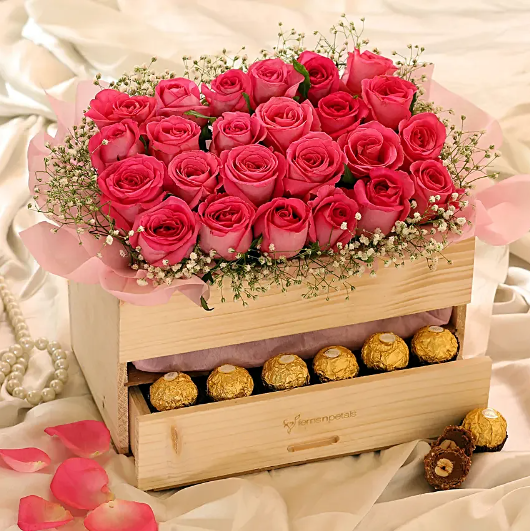 Lovely Roses & Ferrero Rocher Wooden Arrangement