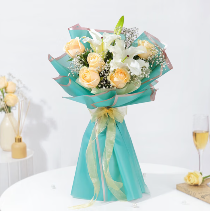 Oriental Lily Peach Rose Hand-tied Bouquet