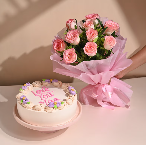 Pink Roses Bunch & Mom Themed Vanilla Cake