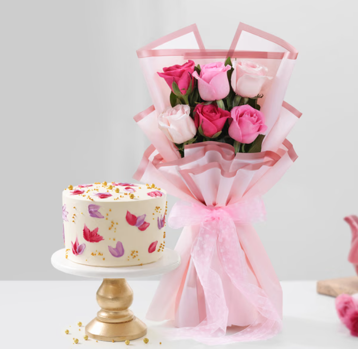 Floral Bliss Cake With Elegant Roses Bouquet