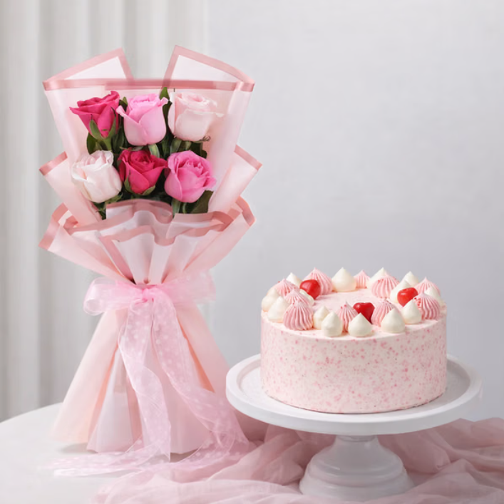 Pink Roses Bouquet and Pink Delight Cake