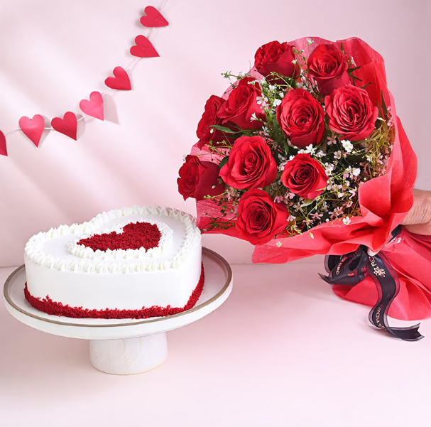 Valentine Red Velvet Heart Cake With Roses