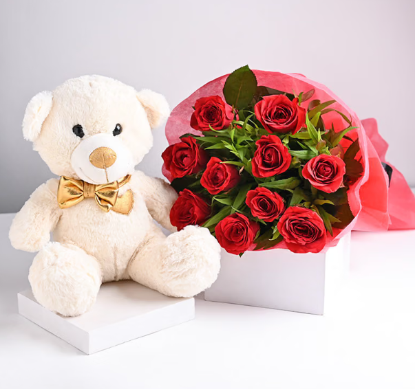 Teddy Love With Red Roses Bouquet